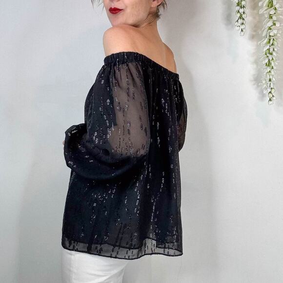 NWT LILLY PULITZER Emilee Long Sleeve Off Shoulder top Onyx metallic sheer 2217 - Picture 2 of 12